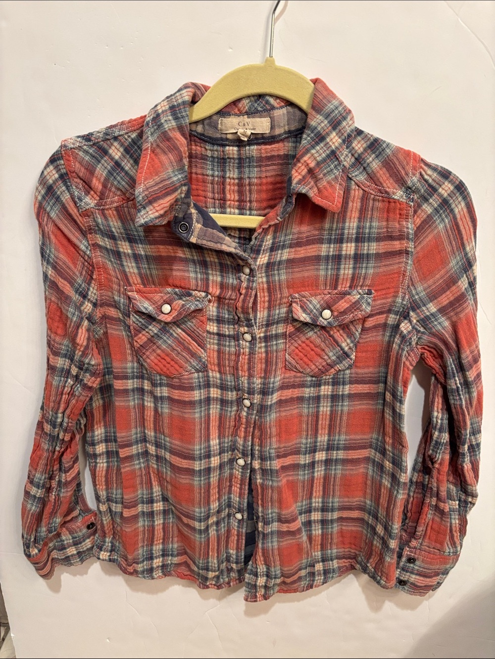 Chelsea & Violet Coral Blue Plaid Button-Down Shirt M western soft snap